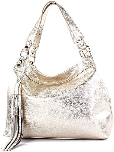 modamoda de T201 Damen Leder Schultertasche Handtasche handmade in Italy, Farbe:Lightgold Metallic