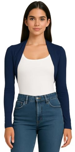 STAR FASHION Womens Long Sleeve Bolero Shrug Ladies Mini Blouse Open Front Cropped Top Lightweight Summer Cardigans Jacket Navy 16-18
