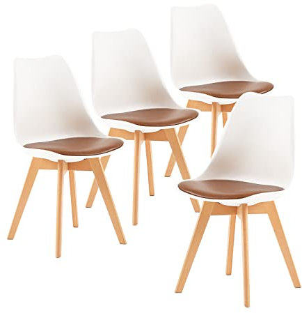 EGGREE Pack 4 Sillas de Comedor Sillas Cocina Nordica con Asiento Tapizado de Cuero PU y Patas de Haya, Blanco & Cuero PU Marrón