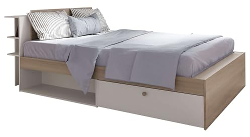 Demeyere Lit 140 x 190/200 Avec Rangement Industriel 2 Tiroirs 2 Niches – Coloris Noir Mat und Chêne Clair - 144,7 x 227 x 87,7 cm