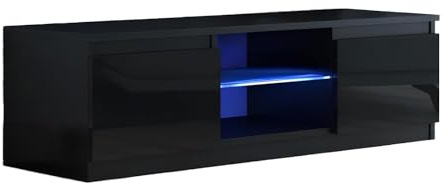 WHATSIZE ENTERPRISE – Designer Entertainment Unit TV Cabinet Stand Sideboard – LED Lights Glass Floating Shelf & High Gloss Hinged Doors - For Living Room, Office or Bedroom, Black