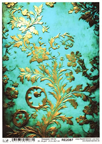Josys Bastelmärchen Reispapier A4 Strohseide Motiv Blumenmuster Vintage Shabby Patina Gold RE2087