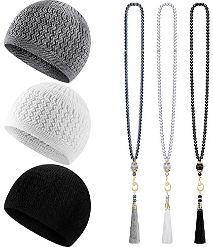 Jiuguva 6-teiliges Kufi-Hut-Set für Männer: 3 handgemachte gestrickte muslimische Mützen in Weiß, Grau und Schwarz, 3 muslimische Tasbih mit 99 Perlen, atmungsaktiv, bequem und langlebig
