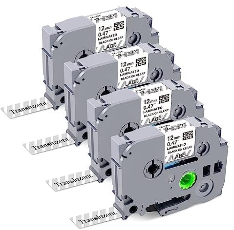 Meritom 4x Kompatibel für Brother P-Touch Transparent Bänder Tz Tape 12mm 0.47 Clear Laminated TZe-131 TZe131 TZ 131 AZe-131 Schwarz auf Clear für Brother PT H105 H110 H200 H101C E110 1000, 12mm x 8m