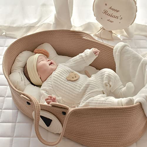 Yolispa Tragbarer Wickelkorb, Babykorb mit Tragegriff, Moseskorb Baumwollseil-Kinderbett-Tragetasche Babykorb Neugeborene, Komfortabler Baby-Schlafkorb für Outdoor Reisen Auto