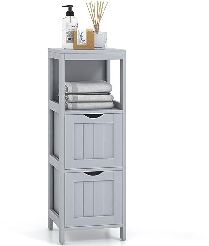 LIFEZEAL Meuble Salle de Bain Rangement avec 2 Tiroirs Amovibles, Petit Meuble Colonne en Bois, Armoire sur Pied avec Étagère Ouverte, 30 x 30 x 89,5 cm (Gris)