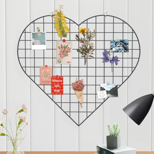 ECLENYES Gitter-Foto-Wandpaneele – 56,9 x 51,8 cm, Herzform, Eisenregal, Kunstdraht, Wandgitter-Organizer, DIY-Bilderrahmen für Zuhause, Büro, Küche, Schlafzimmer, Schwarz