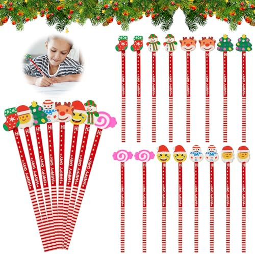 SOETDERT Lot de 16 crayons de Noël avec gommes - Pour l'école HB - Stylos de Noël pour enfants - Père Noël - Crayons pour arbre de Noël - Pour anniversaire