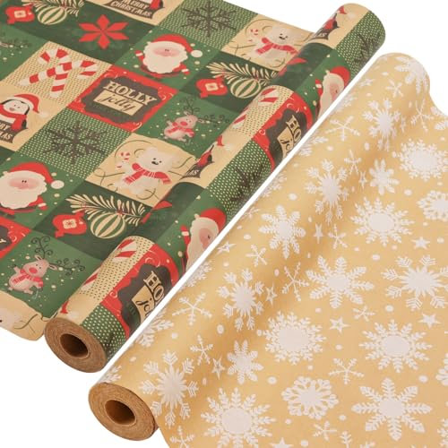 AhfuLife 2 Rollen Geschenkpapier Weihnachten Set, 43cm x 15m Weihnachtspapier Set, Nature Kraftpapier Weihnachtsgeschenkpapier für Xmas Weihnachten Papier Geschenke Geburtstag Verpackung