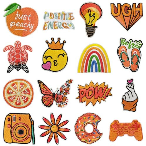 Woohome 16 PCS Patch Embroidered Iron on Applique Mixed Orange Sew On Patches Embroidered Appliques Sticker Patches for Clothing, Jackets, Backpacks, Jeans, Flowers Applique DIY Accessory