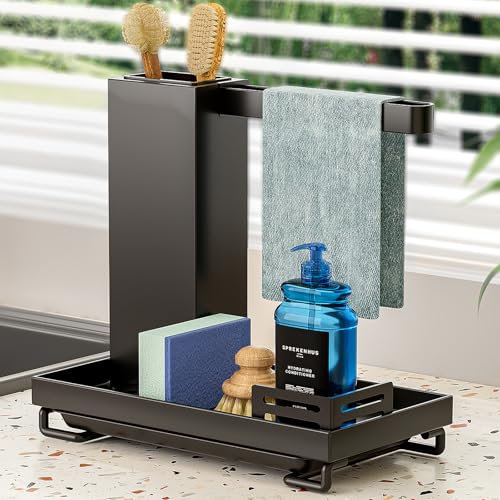 PNNP Organizador grande para fregadero, color negro, para cocinas: refuerzo adicional, organizador de acero inoxidable, soporte para trapos de cocina, fregadero con escurridor, fácil instalación