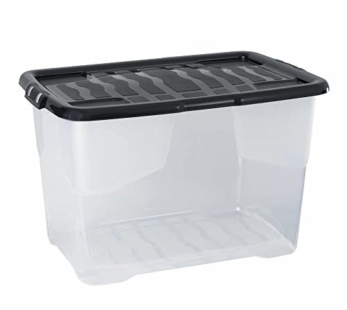STRATA TFBF 5 x 65 Litres Curve Plastic Stackable Storage Box & Lid with clip-on lids, Multi storage box for home and office storage solution - Clear/Black Lid