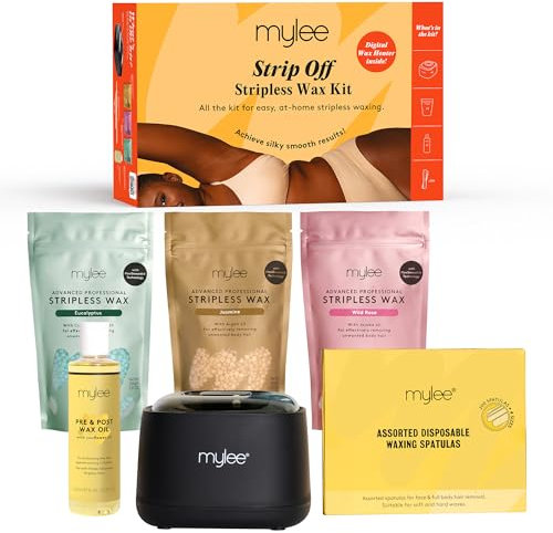 Mylee Strip Off Hard Wax Kit - Professional Hair Removal Set with Digital Wax Heater, Stripless Wax, Waxing Essentials, Face, Body, Bikini, Painless, Peelable Hot Wax (Jasmine, Wild Rose, Eucalyptus)