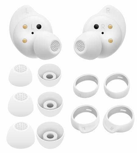 IiEXCEL Galaxy Buds FE Ear Tips Ear Hooks Kit, 5 Pairs Replacement Fit in Case Silicone Earbuds Earplug Anti Slip Sports Outdoor Wings Compatible with Samsung Galaxy Buds FE 2023 - White