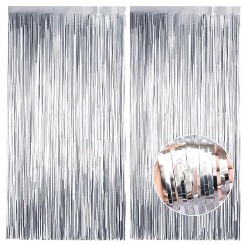 Pack of 2 Silver Glitter Foil Door Curtains - 90 x 180cm (3 x 5.9ft) Sparkling Tassel Foil Fringe Curtain, Party, Disco & Wedding Decorations, Streamers, Photobooth Back Drop