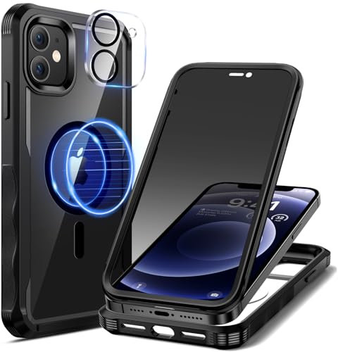 seacosmo Magnetic Case for iPhone 12 with Private Screen Protector and Camera Lens Protector, Full Body Shockproof Protective Phone Case Compatible with MagSafe for iPhone 12 - Black