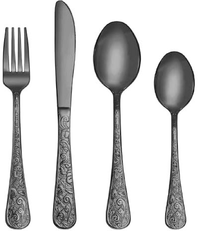 SHEUMNT Ensemble de couverts vintage en noir sculpté 24 pièces pour 6 personnes, vaisselle en acier inoxydable avec couteau/fourchette/cuillère, ensemble de couverts pour la maison et la cuisine