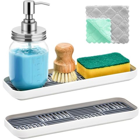 2Pack Multi-function Sink Organizer Tray, Soap Dish Sponge Holder Double Layer Sink Organiser Drying Rack for Bathroom Kitchen Counter, Gray