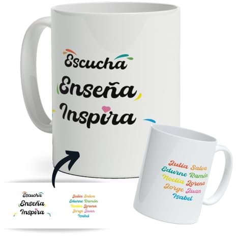 DEREGALOOS Taza Personalizada con nombre para Profesores. Tazas de Desayuno personalizada Profesores. Regalo Original para Profes. Regalos Profes Navidad. Regalo fin de curso. (Enseña, Inspira)
