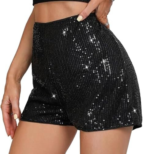 Shorts Damen Pailletten Hose hohe Taille Gerades Bein Metallic Hotpants Glitzer Festivals Outfits Glänzend Kurz Sexy Hotpants? Schwarz? S