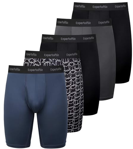 Expertoftio Men's Underwear 9 Inch Long Leg Boxer Briefs for Men, Performance, Moisture Wicking Pack of 5, Anting Chafing, Fly, Blue Pattern,M