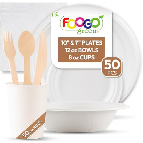 FOOGO Green 400pcs Disposable Sugarcane Fibre Paper Plates, Cups, Napkins &Wooden Cutlery Set, FSC® Certified, 50x Large, 50x Small Plates, 50x Bowls, 50x Cups, 50x Napkins, 50x Cutlery Set