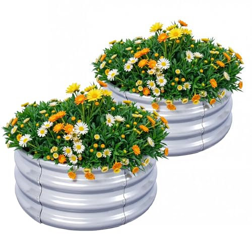KINI MOX 2Pcs Raised Garden Bed 2x2x1 FT Round Galvanized Metal Raised Garden Boxes Outdoor Planter Box for Vegetables Flowers Herb (2×2×1 FT / 60 * 60 * 29 CM)