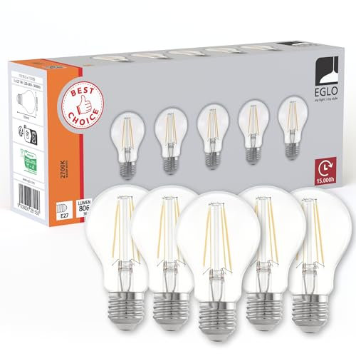 EGLO Set aus 5 E27 Filament LED Lampen, Edison Glühbirne transparent, 7 Watt (entspricht 60 Watt), 806 Lumen, Leuchtmittel warmweiß, 2700 K, Glühlampe A60, Ø 6 cm