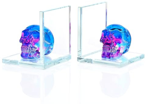 Ein Paar Buchstützen aus Glas mit blauem Kristallschädel