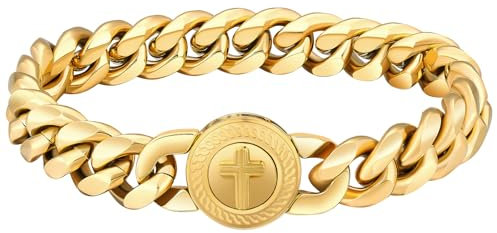 KRKC&CO 12mm Herren Armband mit rundem Kreuz Verschluss, 18K Gold beschichtet Panzerarmband, breite dicke Edelstahl Cuban Armband, Hip Hop Biker Schmuck Geschenk für Männer Jungs [Länge 19cm]
