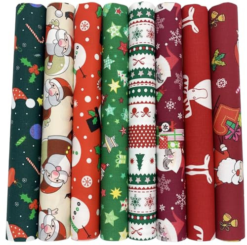 EDGEAM 8 Stück Stoffe zum Nähen 50x50 cm Baumwollstoff Patchwork Stoffe Paket Quiltingstoffe für Quilten DIY Handwerk Scrapbooking (Weihnachten Muster Bunt)