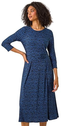 Roman Fit and Flare Dress for Women Ladies Chest Twist Knot Ruched Tea Skater Empire Waist Wedding Guest Smart Casual Swing Midi 3/4 Long Sleeve Knee Length
