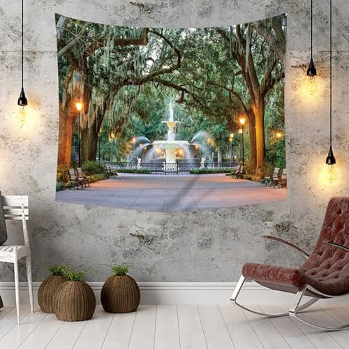 KnSam Wandbehang 300x256cm, Natur Landschaft Wandteppich Park Springbrunnen Tapisserie Polyester Wandtücher für Wohnzimmer Wohnheim Wanddeko, Grün