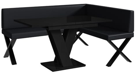 MEBLINI Eckbank für Esszimmer mit ausziehbarem Tisch - Küchenbank - Essecke - Sitzecke Küche - ERIC - X-Beine 128x168x87cm Rechts - Schwarz Kunstleder/M Schwarz Hochgl.