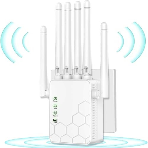 WiFi Extender Booster, WiFi Booster Range Extender with 6 Powerful Antennas, 2 LAN Ports, Repeater/Router/Ap Mode, Quick Setup, Compatible with All Internet Boxes