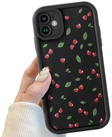 Black Cute Cherry Phone Case for iPhone 12, Cute Red Cherry Pattern Shockproof Bumper Phone Case for Women Girls, Soft TPU Slim Girly Cute Protective Cover for iPhone 12