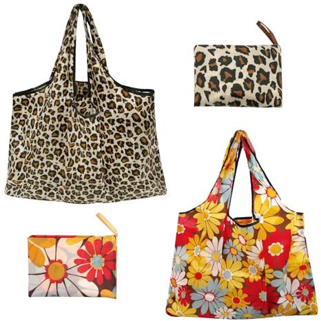 Long Keeper Einkaufstasche Faltbar Groß Wiederverwendbare Faltbare Einkaufstasche im Beutel Einkaufsbeutel Stoff Waschbar Mehrwegtasche Handtasche Leichte (Leopard+Gänseblümchen - 2 Stück)