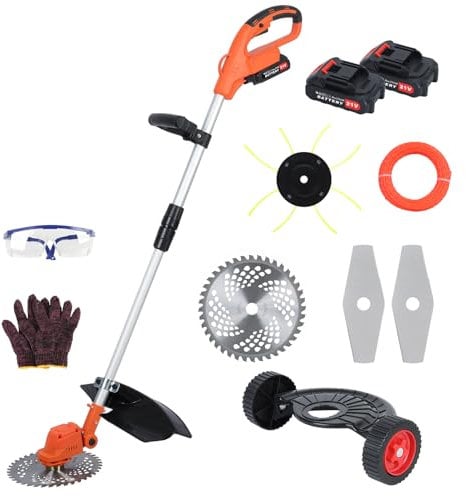 Electric Cordless Trimmer, 24V Grass Strimmer Cordless, Portable Garden Grass Cutter with 2 Batteries, Metal Blade Strimmer with 5 Kinds of Blades For Lawn Garden (Blue)