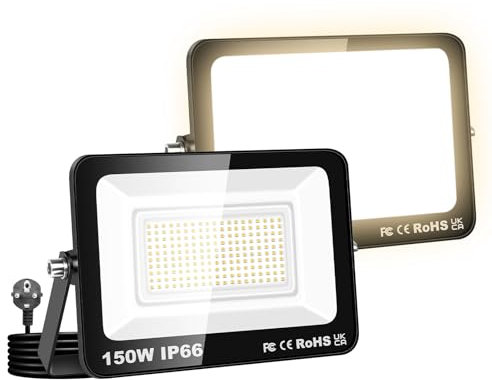 Willpower 2PCS Foco LED Exterior Interior Proyector LED 150W 15,000LM Focos de Luz 3000K Blanco Cálido IP66 Luz de Inundación Iluminación para Garaje Patio Jardín Terraza Parque Trabajo, con Enchufe