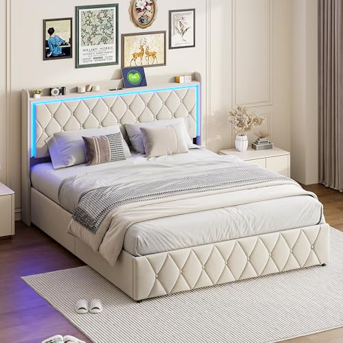 YGHQAP Bett 140 x 200 cm mit Stauraum LED Polsterbett mit Stauraum und Lattenrost Hydraulisch Doppelbett Stauraumbett mit Bettkasten, Samt, ohne Matratze (Beige 1, 140 * 200)