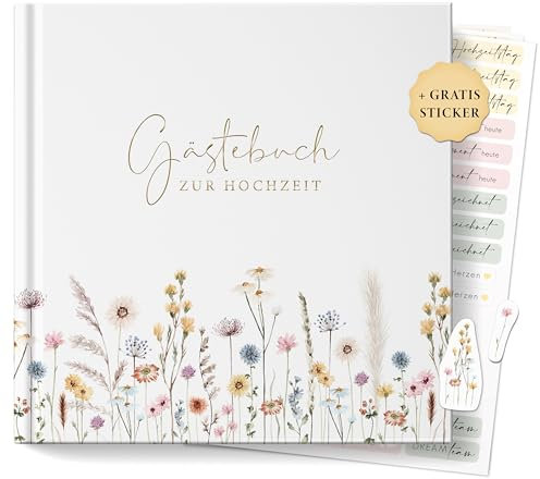 luftundliebe Gästebuch Hochzeit, Hochzeitsbuch, Vintage Hochzeitsgästebuch, Hardcover (Wildflowers/Gold, ohne Fragen)