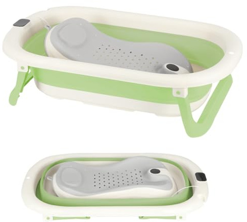 OHMG Faltbare Babybadewanne XXL mit Babybadewanne & integriertem Thermometer, Kinderbadewanne mit Badesitz für Babys, Badewanne auf Fuß, Geschenk zur Geburt Mädchen & Jungen