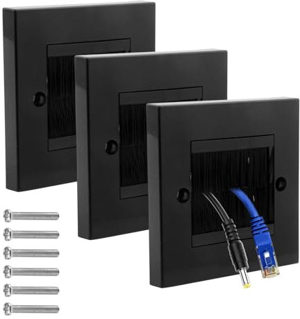 Cable Entry Cover 3pcs Brush Plate in Wall Cable Management Wall Mounted Brush Faceplate Standard Black Wallplate with Black Brushes