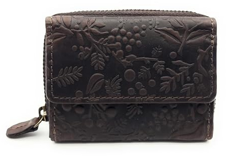 Kompakte Geldbörse aus echtem Leder für Damen & Herren – kleines Portemonnaie mit RFID-Schutz, 2 Geldscheinfächer, Reißverschluss-Münzfach, echtes Leder (Floral braun)