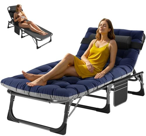 ZIKEBTUY Sonnenliege Klappbett Campingbett Gästebett klappbar liegestuhl 200KG Lastlager Gartenliege Mit Matratze Seitentasche und Kopfstütze Feldbett für Outdoor Indoor Garten Camping (Blau-BK)