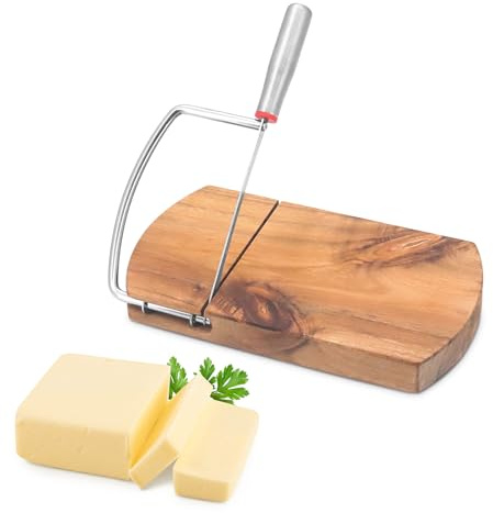 Holzkäseschneider - Handwerkliche Acacia Holzkäse Brett mit Edelstahl Drahtschneider - Premium Acacia Holzkäse Messer für Parmesan, Cheddar, Brie - Rustikale Käse Schneidbrett mit rutschfester Basis