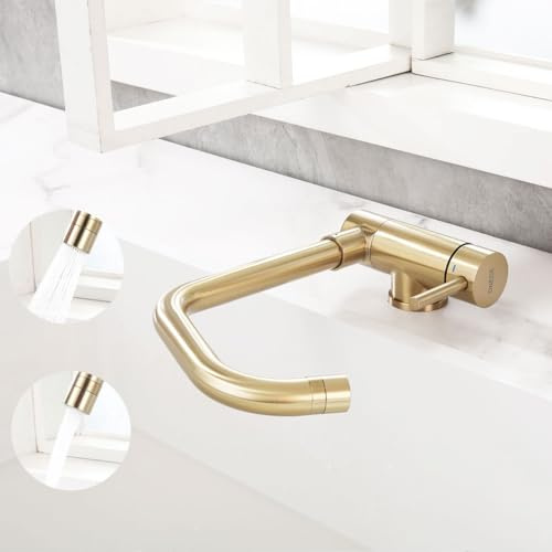 ONECE Vorfentermontage Küchenarmatur Gold Matt, Klappbar Wasserhahn Küche mit Brause, Vorfenster Armatur mit 360° drehbar, Falten Mischbatterie für Küche