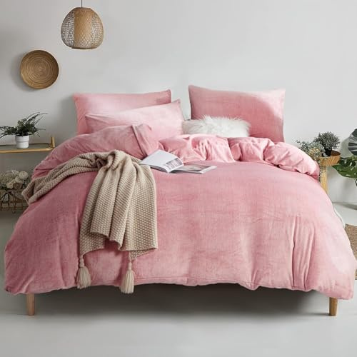 YASMENG Housse de Couette Flanelle 220x240 Hiver Doux Velours de Lait Rose | Parure de Lit Polaire Chaude Duveteux Douillet Linge de Lit 2 Personne avec Fermeture Éclair et Taies d'oreiller 65x65 cm