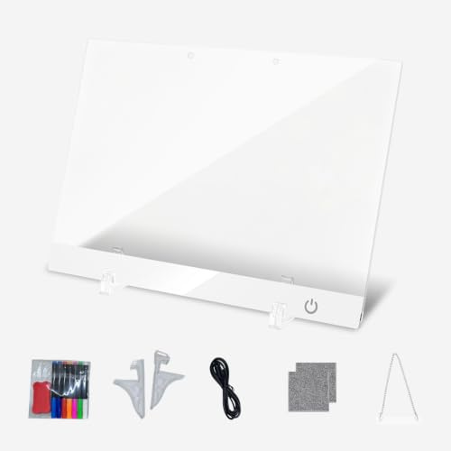 LED Notiztafel,Wiederaufladbares Nachrichtentafel 35x25cm,Aufhängbar Leuchttafel,LED Schreibtafel mit Aufhängekette&Ständer mit 7 Markern Stift (Weiß)