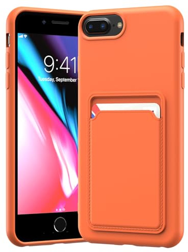 LVVFEI Funda iPhone 8 Plus/iPhone 7 Plus/iPhone 6 Plus con Tarjetero Funda Silicona TPU Anti-Choque Integrada con Ranura para Tarjetas y Efectivo, Naranja